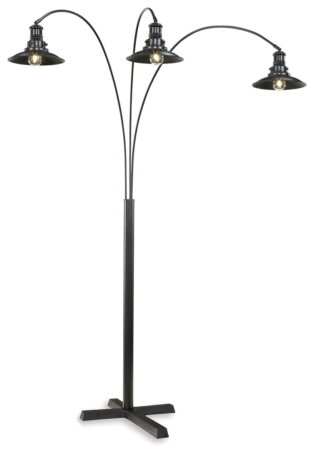 Black metal arc floor lamp with three dome shades and curved arms, standing base