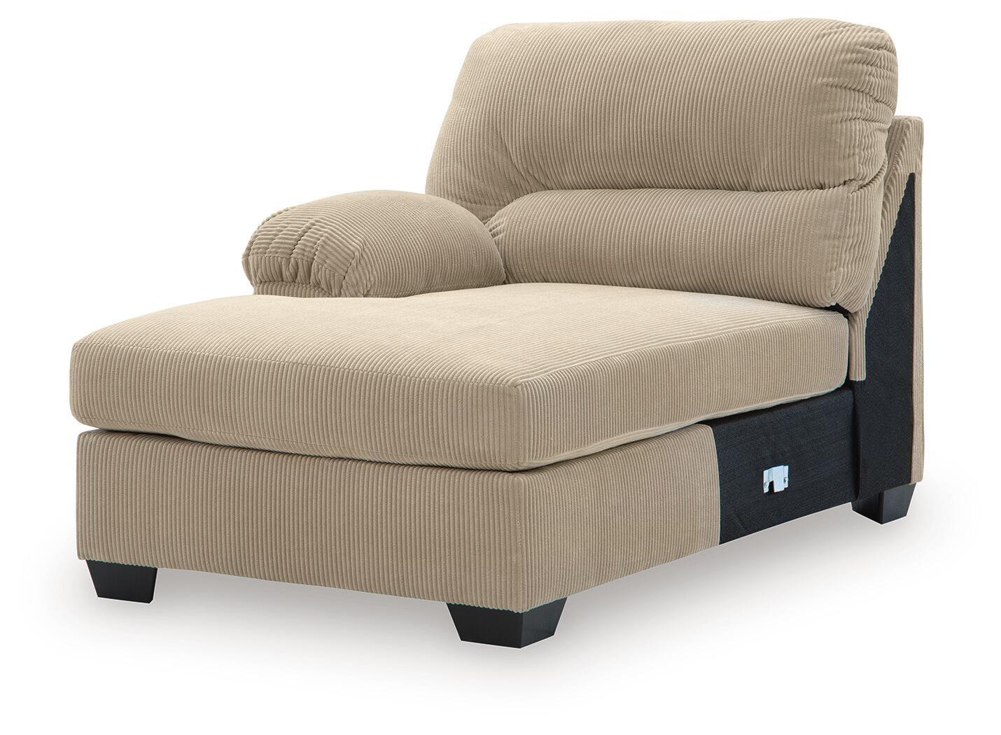 Sand corner chaise with left-facing armrest and attached ottoman-style seat, dark legs