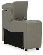Gray console chair with storage, tufted back and black side panel with pull handles.