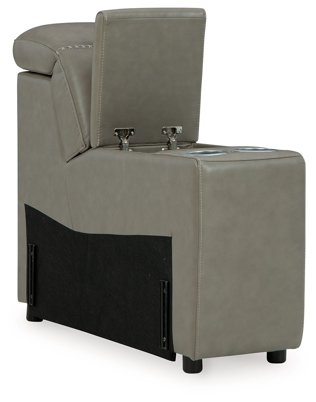 Gray console chair with storage, tufted back and black side panel with pull handles.