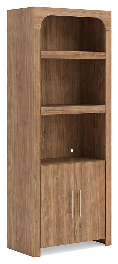 Brown display cabinet with arched top, open shelves, and two-door base storage