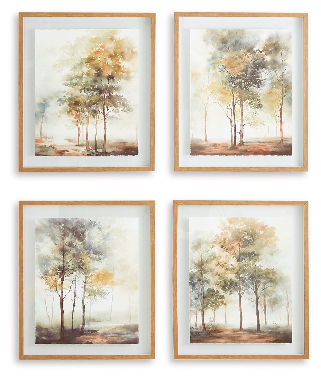 Set of 4 framed tree landscape art prints, watercolor foliage in soft pastel tones