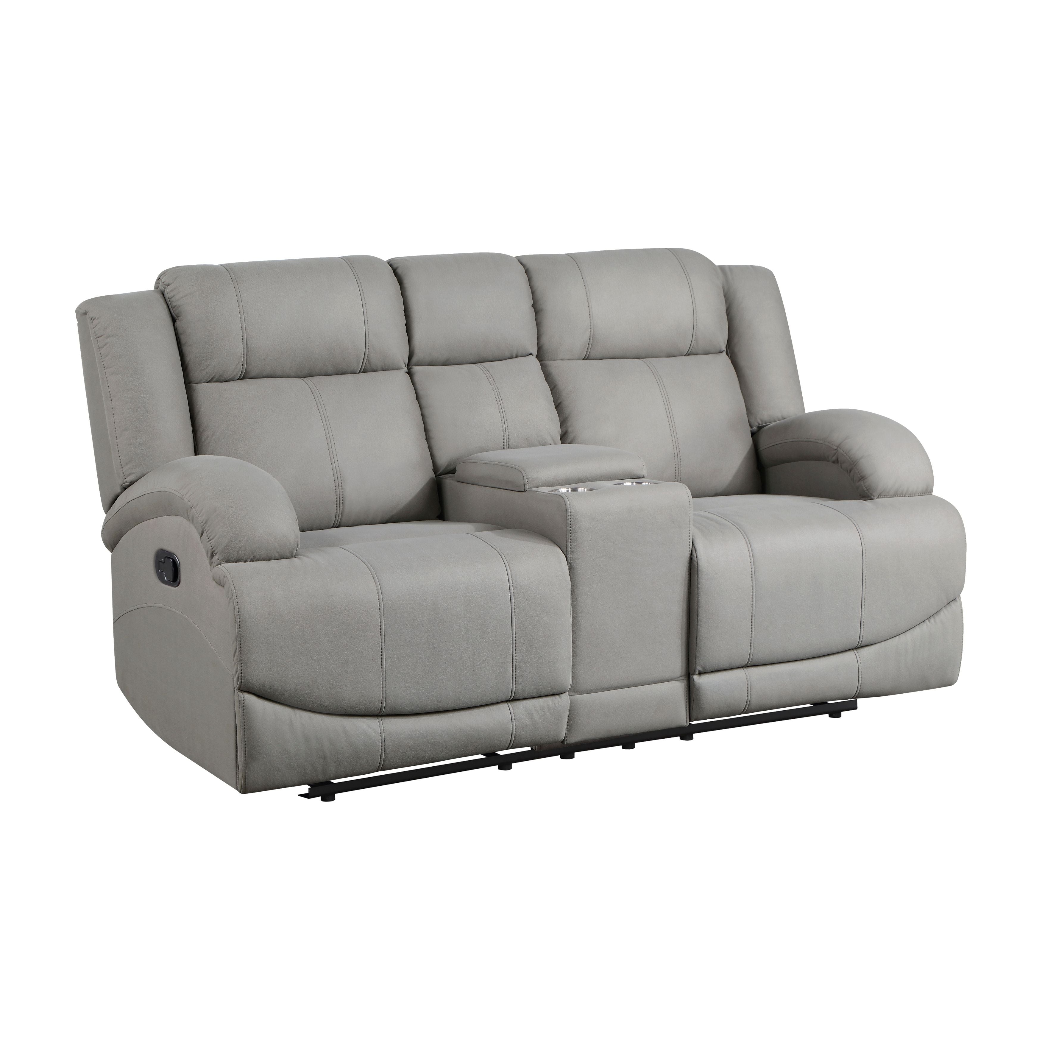 Attractive Gray Color Microfiber Upholstered 1 Piece Double Reclining Loveseat With Center Console Transitional Living Room
