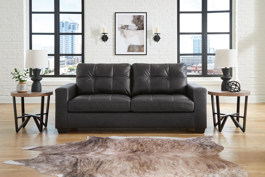 Barlin Mills sofa, dark gray leather-look with tufted back and two seat cushions