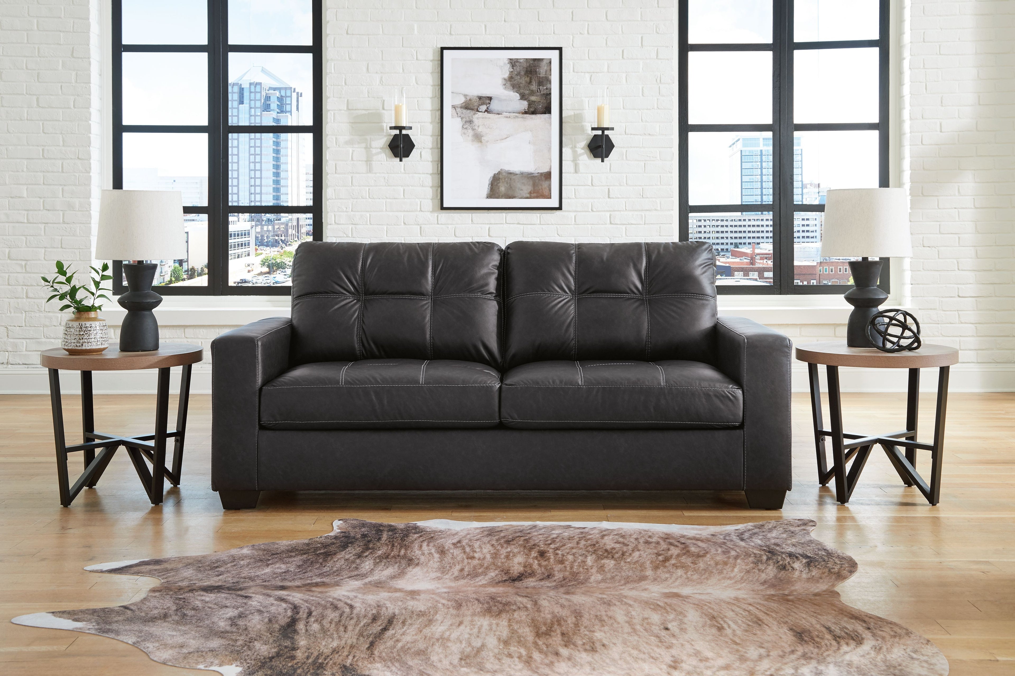 Barlin Mills sofa, dark gray leather-look with tufted back and two seat cushions