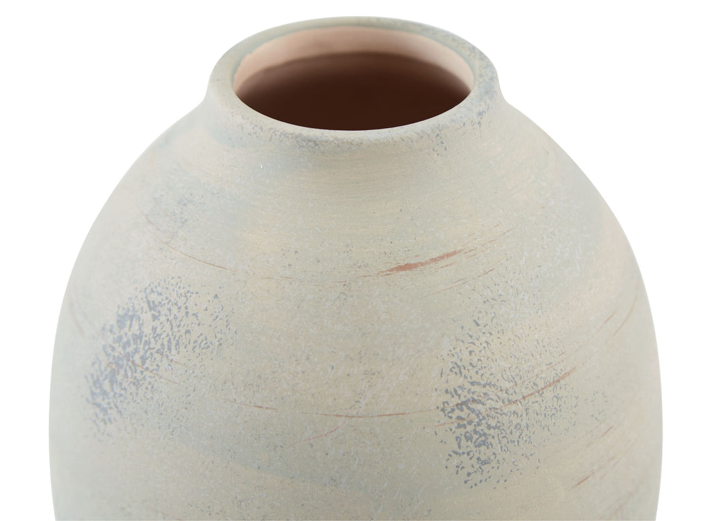 Cream ceramic vase with flared rim and open brown interior, speckled finish.
