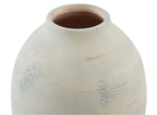 Cream ceramic vase with flared rim and open brown interior, speckled finish.