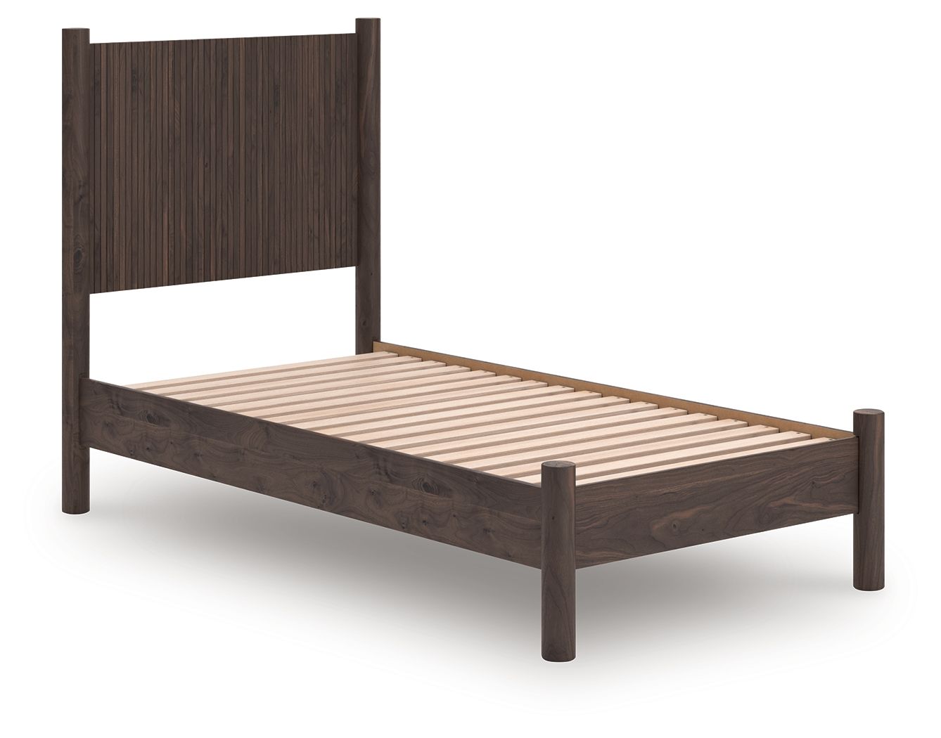 Dark brown panel platform bed frame with slatted base and no mattress