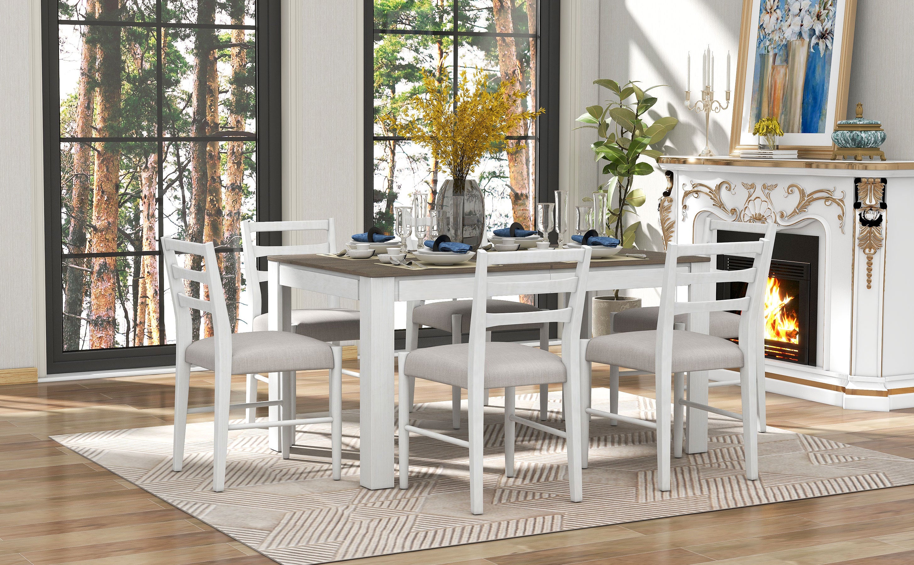 7-Pc. Extendable Dining Table Set w/ Chairs (Brown+White)