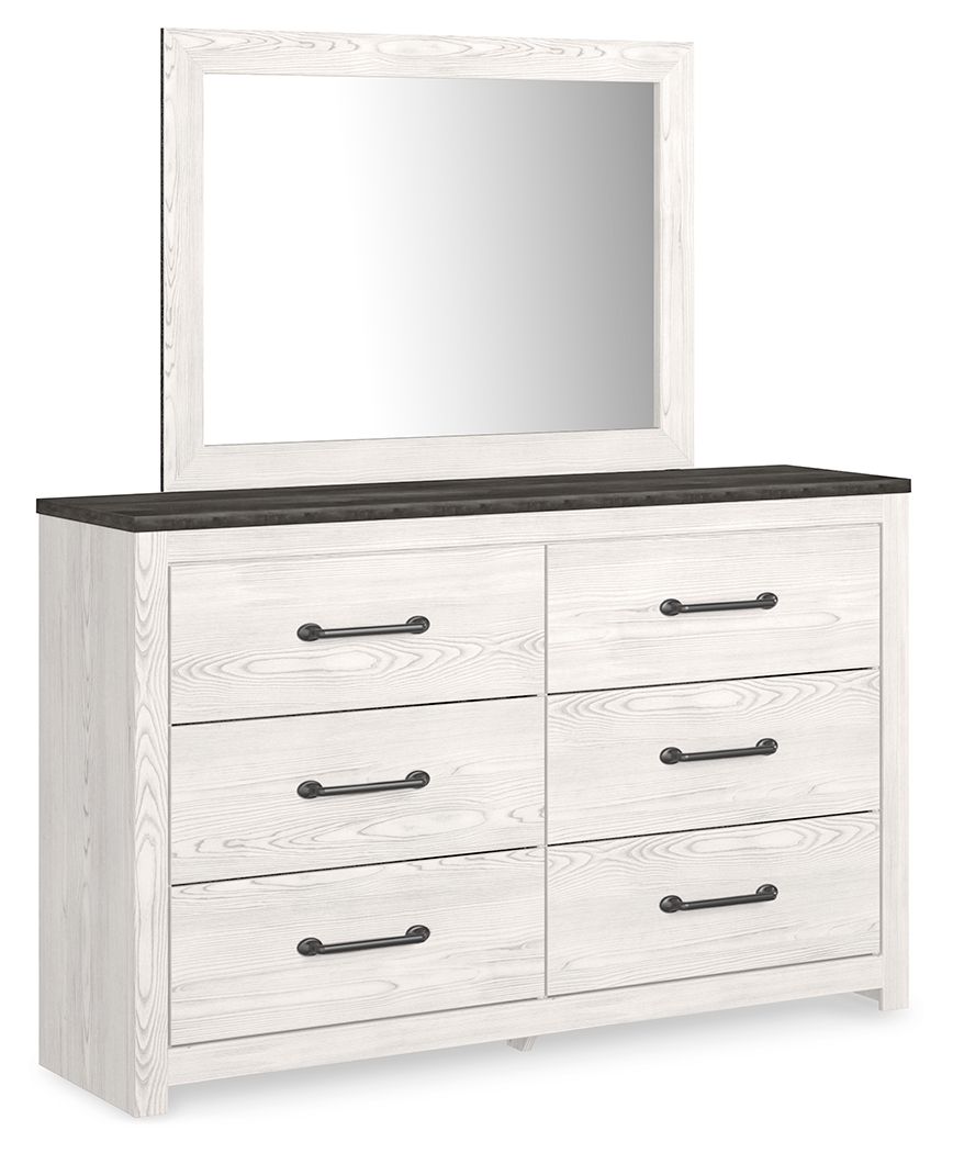 White dresser with mirror, four drawers and dark metal bar pulls, wood-grain finish