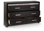 Black six-drawer dresser with two rows open drawers and six silver bar handles