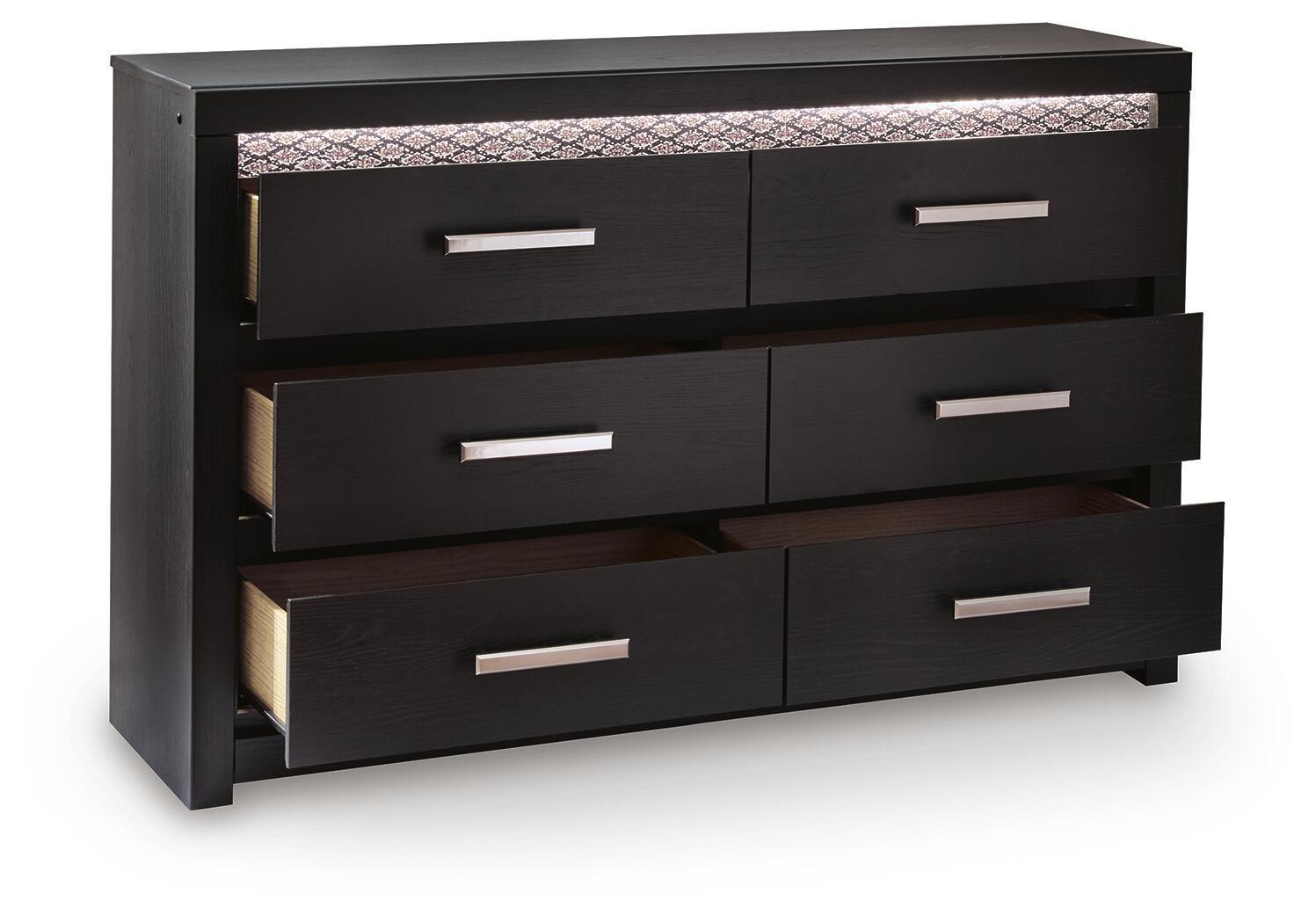 Black six-drawer dresser with two rows open drawers and six silver bar handles