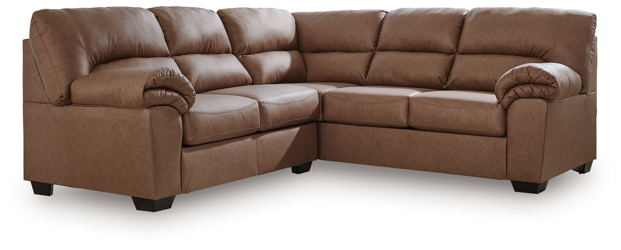 Sectional sofa with rolled arms and tufted cushions, warm brown upholstery
