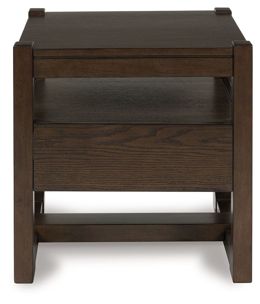 Square dark brown wood end table with open lower shelf beneath the top