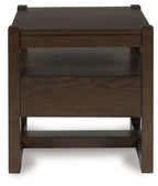 Square dark brown wood end table with open lower shelf beneath the top