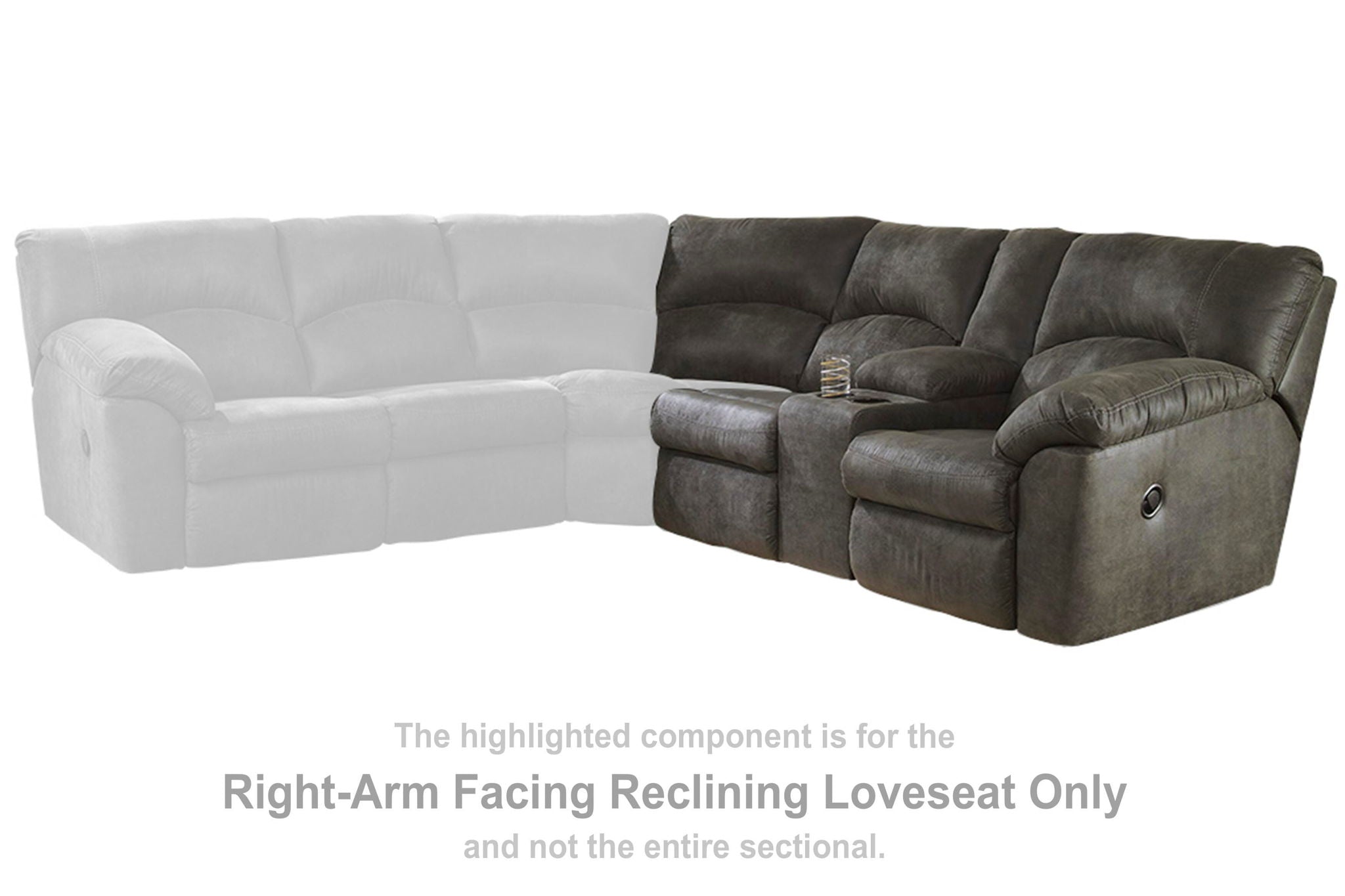 Two-tone reclining loveseat with console, right-arm facing, dark pewter upholstery