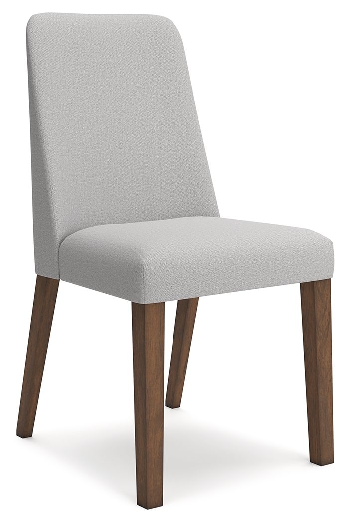 Light gray dining side chair with upholstered seat and back, dark wood legs.