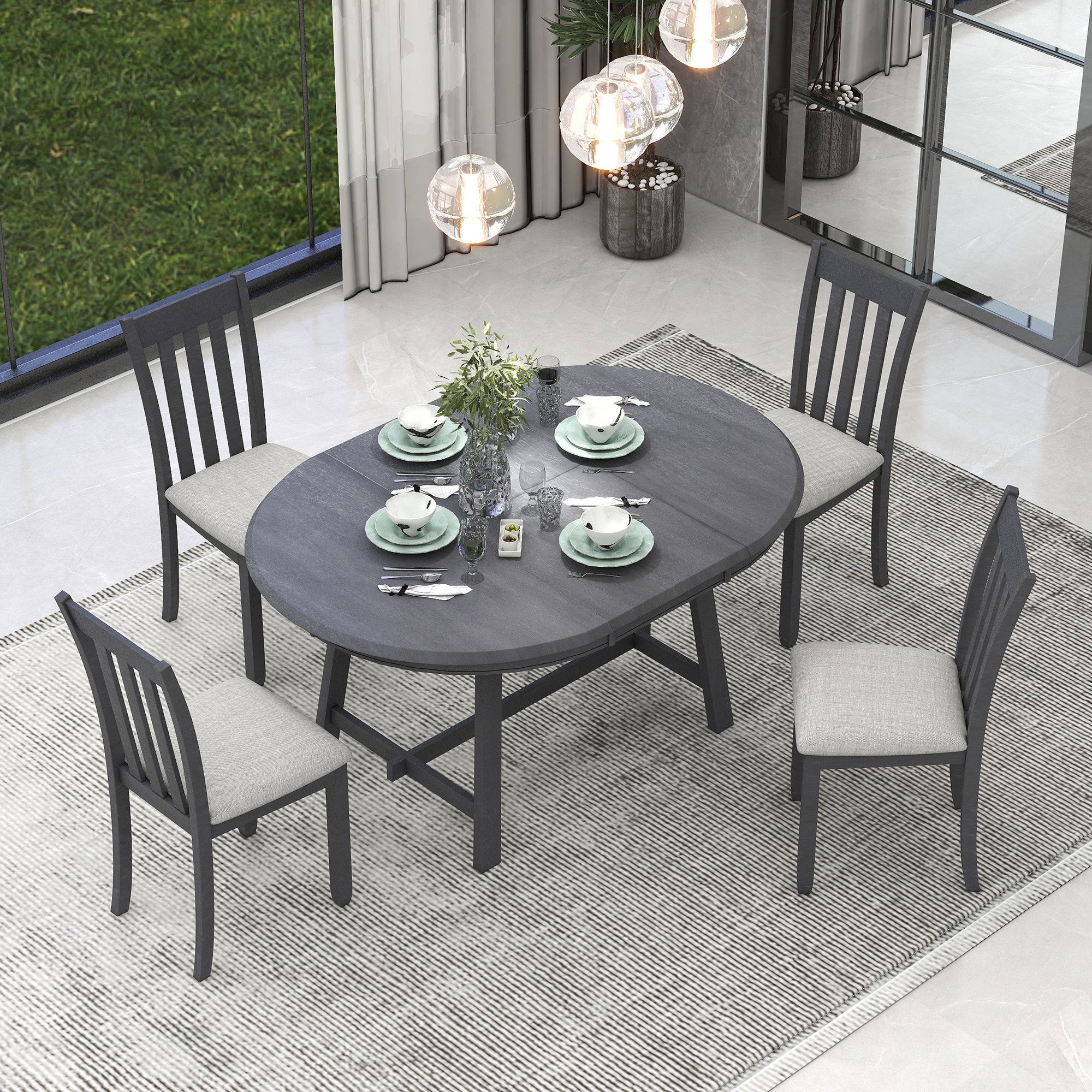 5-Piece Round Extendable Dining Table Set (Gray)