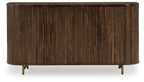 Dark brown accent cabinet with vertical panel doors and four angled legs
