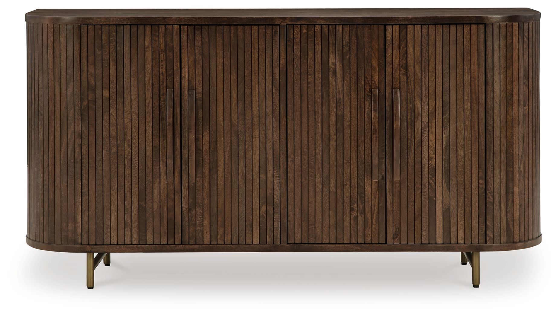Dark brown accent cabinet with vertical panel doors and four angled legs