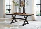 Dark brown dining table with black X-base and square tabletop