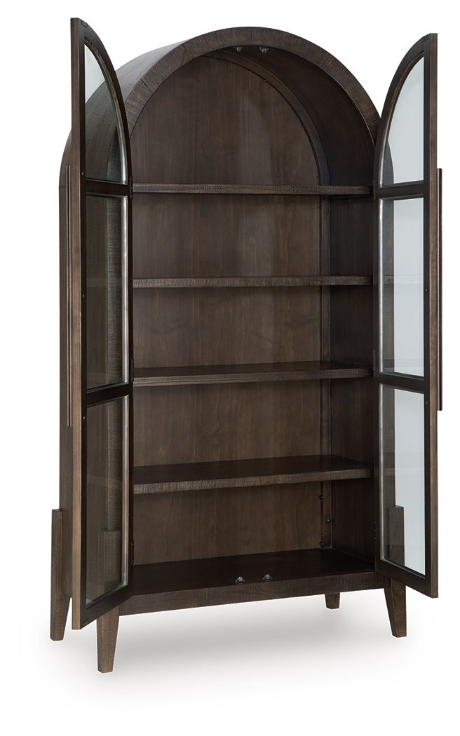 Dark brown accent cabinet with arched open doors and multiple fixed shelves
