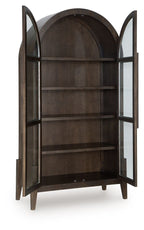 Dark brown accent cabinet with arched open doors and multiple fixed shelves