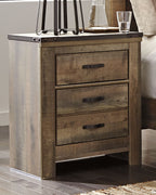 Dark brown night stand with three drawers and top open shelf