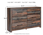 Wood dresser with 6 drawers and metal bar pulls, shown with size measurements