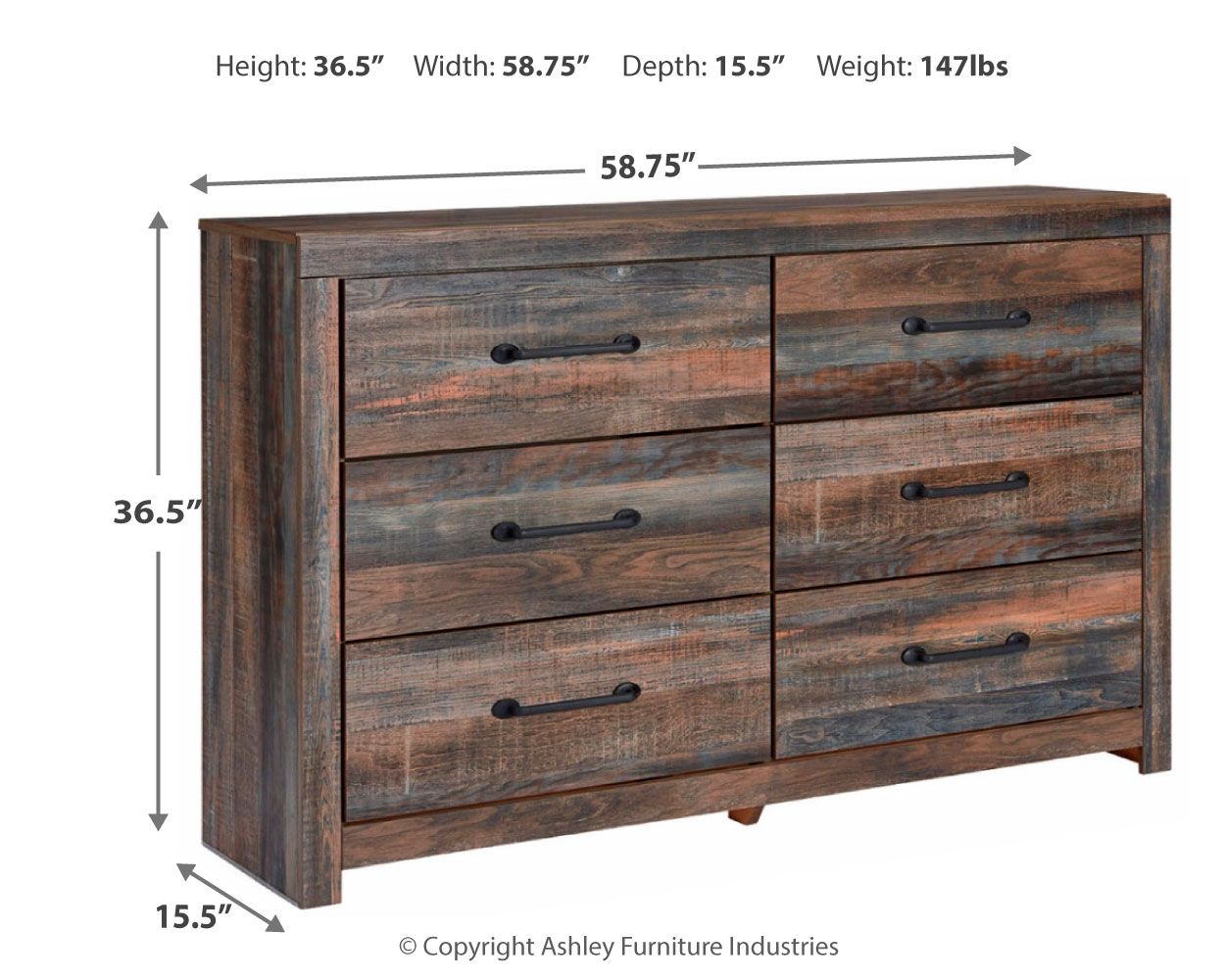 Wood dresser with 6 drawers and metal bar pulls, shown with size measurements