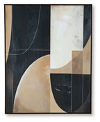 Framed abstract wall art with tan crescent, black blocks, and subtle curved line details