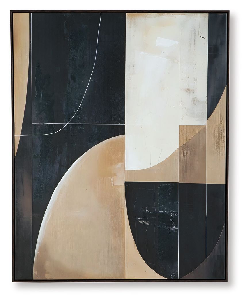 Framed abstract wall art with tan crescent, black blocks, and subtle curved line details