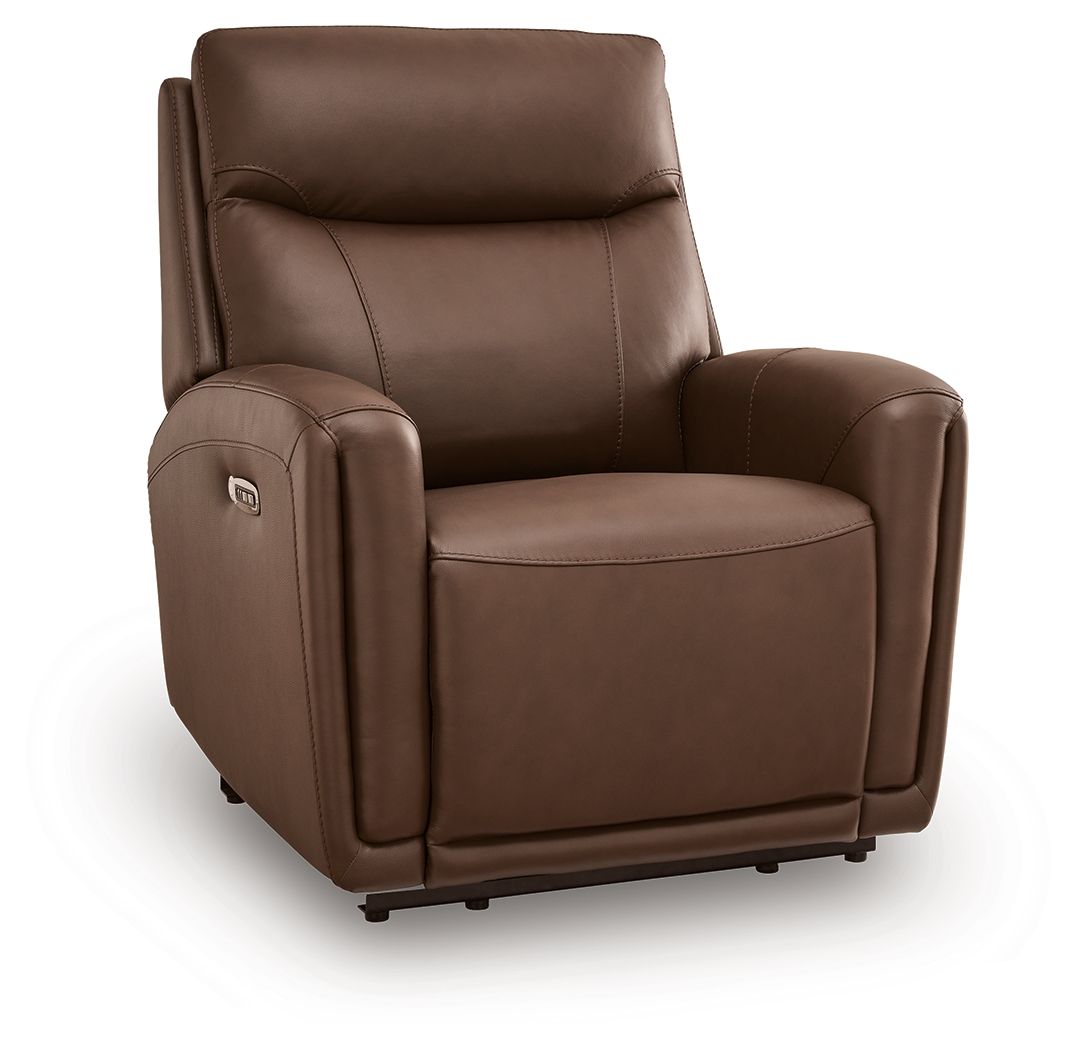 Brown leather-look power recliner with padded armrests and side control panel