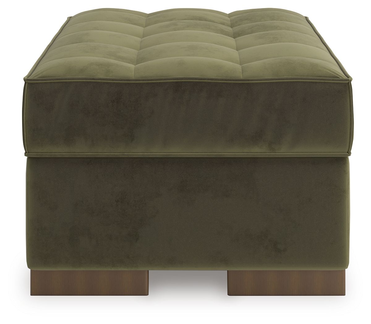 Olive upholstered ottoman with quilted lid and block feet