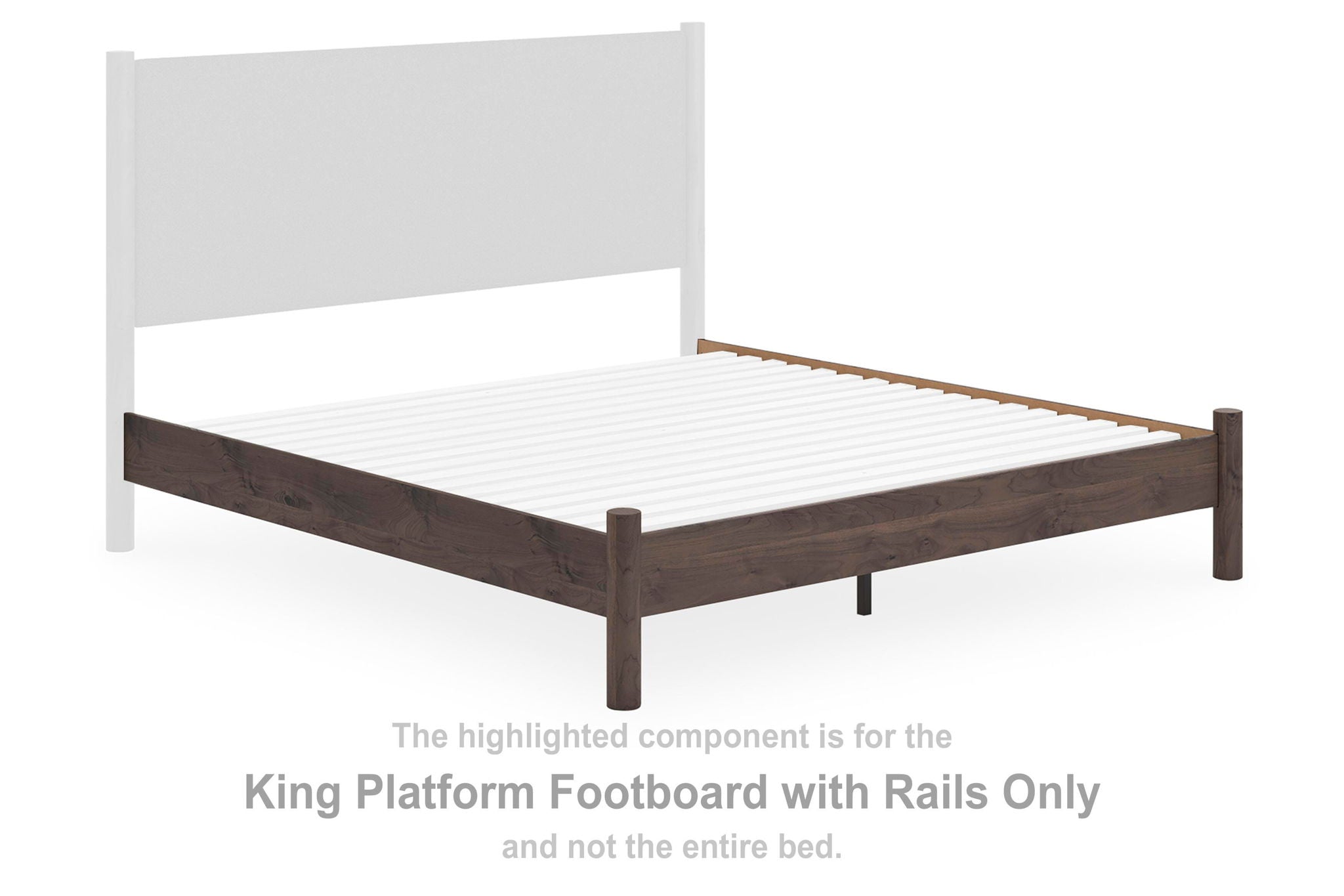 Brown king platform footboard with side rails, wood bed frame base