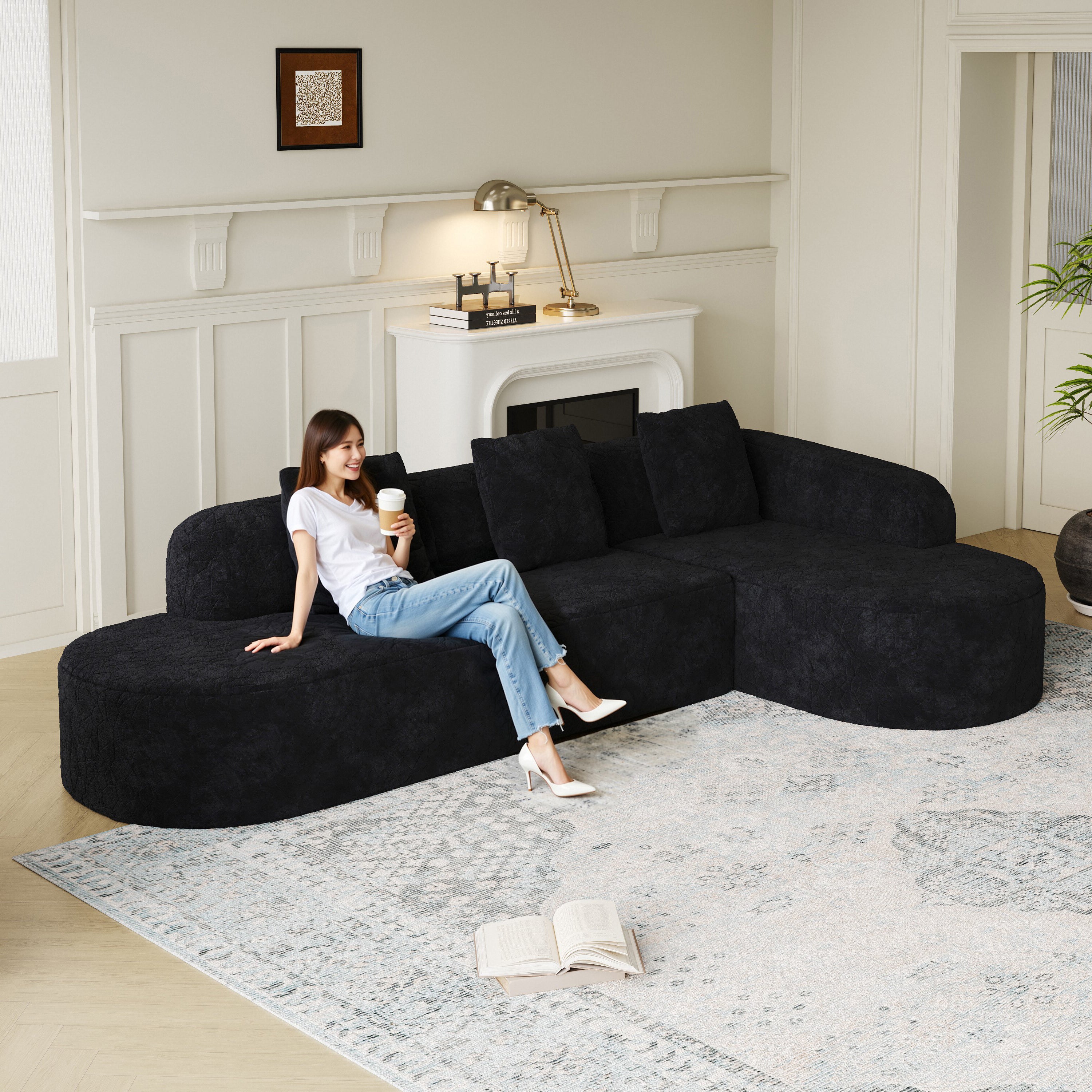 Modern 111.8" L-Shaped Curved Modular Sofa Lychee Fabric