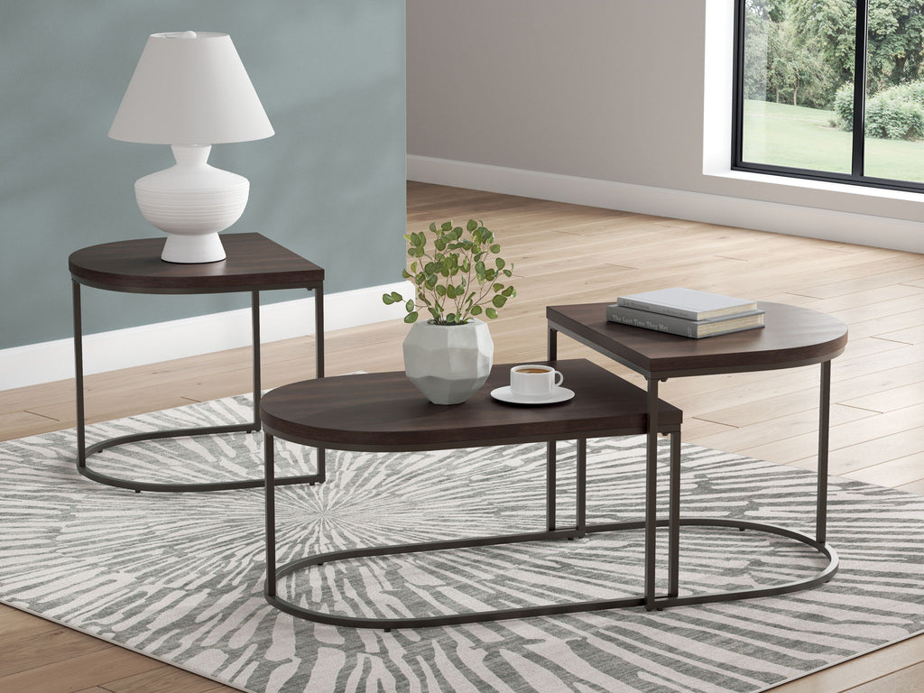 Dark brown occasional table set of 3 with nested tops and black metal frames