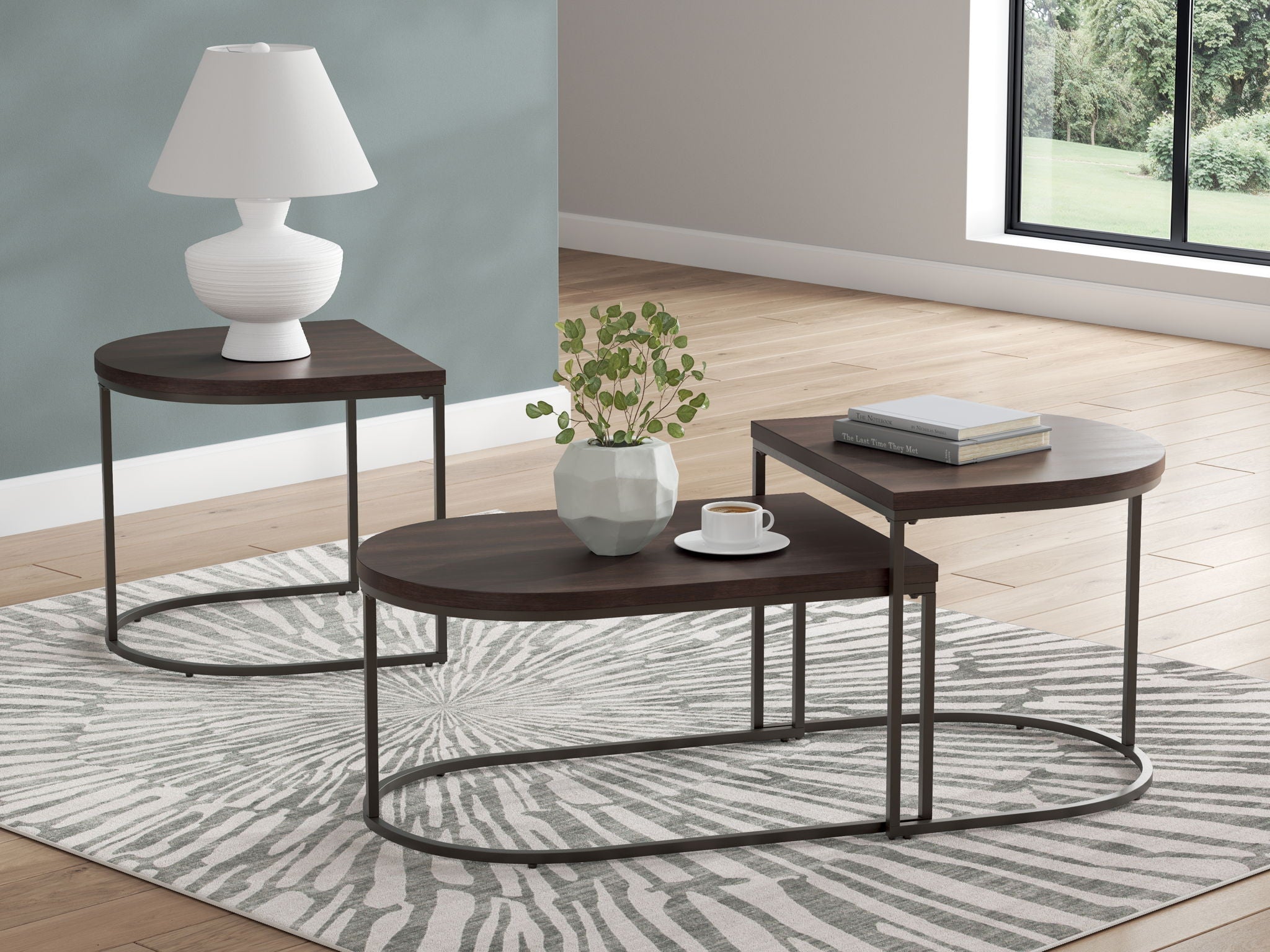 Dark brown occasional table set of 3 with nested tops and black metal frames