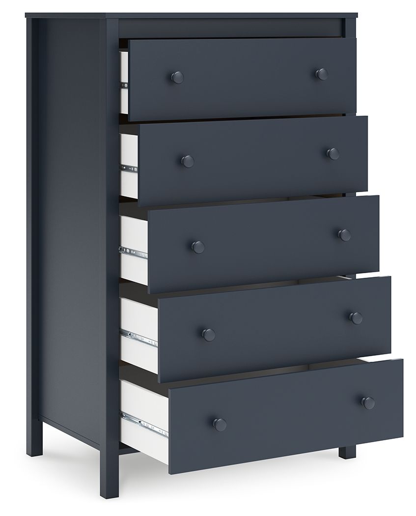 Navy blue five-drawer chest with multiple drawers pulled out, round knobs