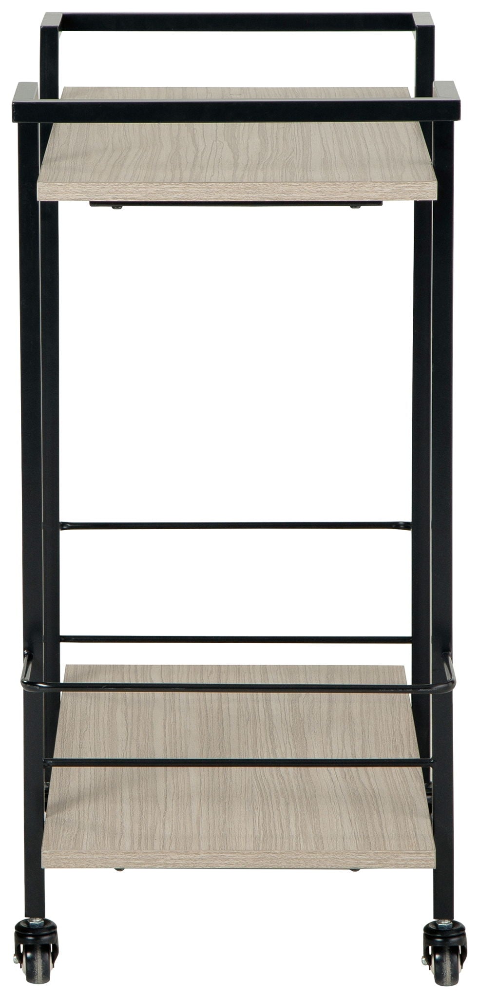 Wheeled bar cart with dark brown metal frame, light wood shelves, open center