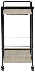 Wheeled bar cart with dark brown metal frame, light wood shelves, open center