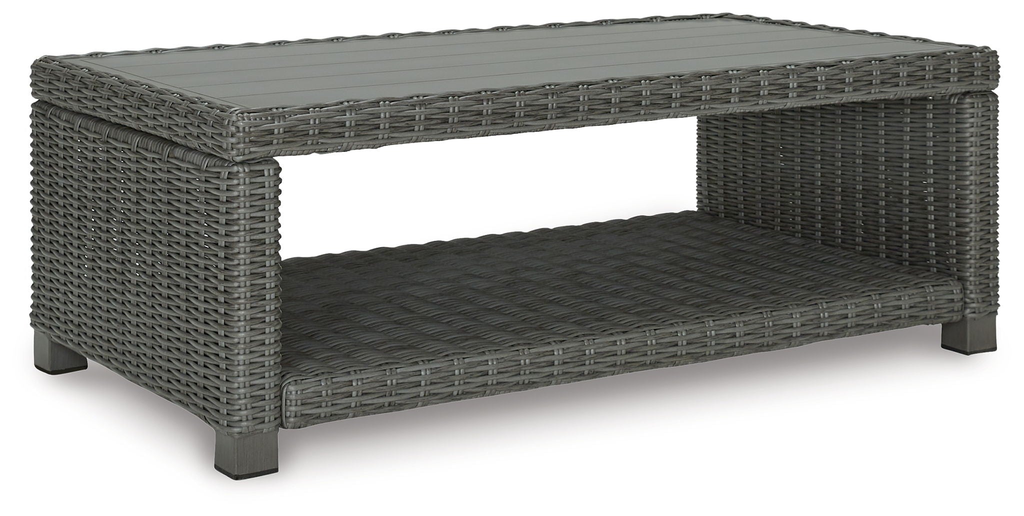 Gray rectangular cocktail table with woven frame and open-sided cushioned shelf