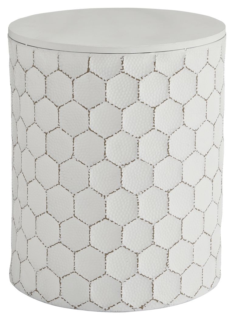 White upholstered stool with geometric trellis pattern and round top