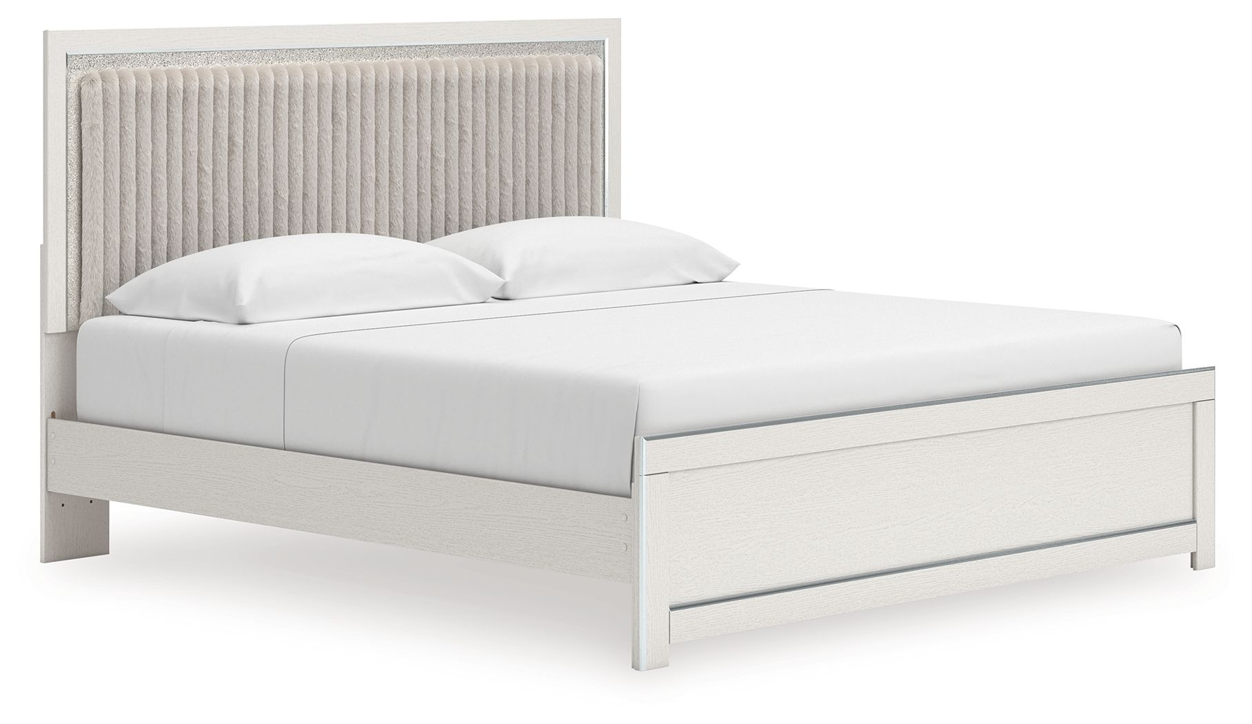 Upholstered panel platform bed with roll slats, light gray frame with tufted headboard and white bedding