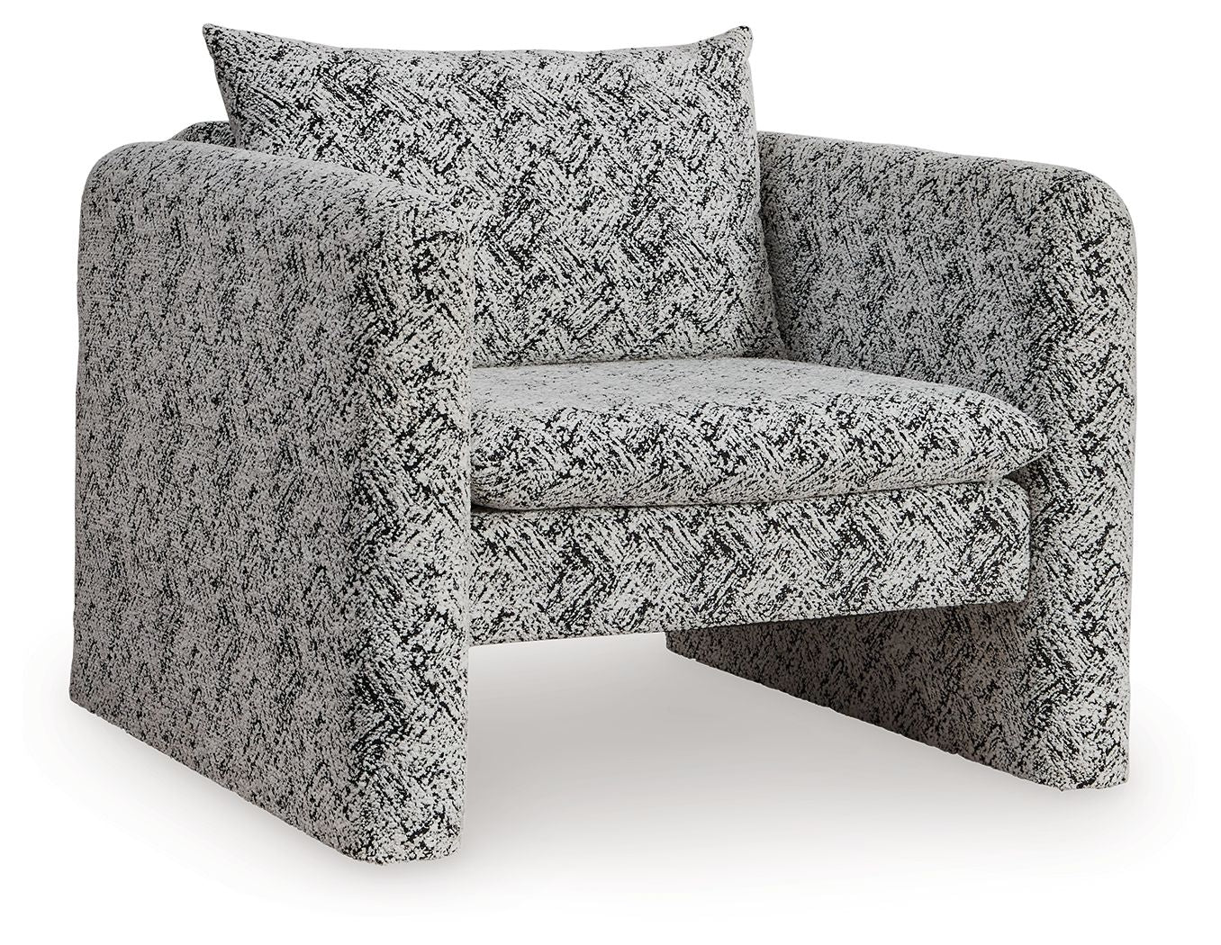 Accent chair with black-and-white patterned fabric, square seat and padded backrest