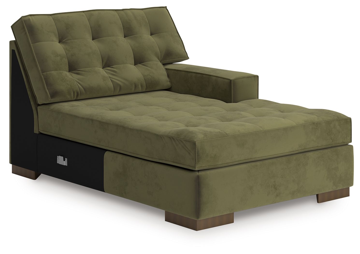 Chalcombe RAF corner chaise in olive green fabric with tufted back cushions and arms