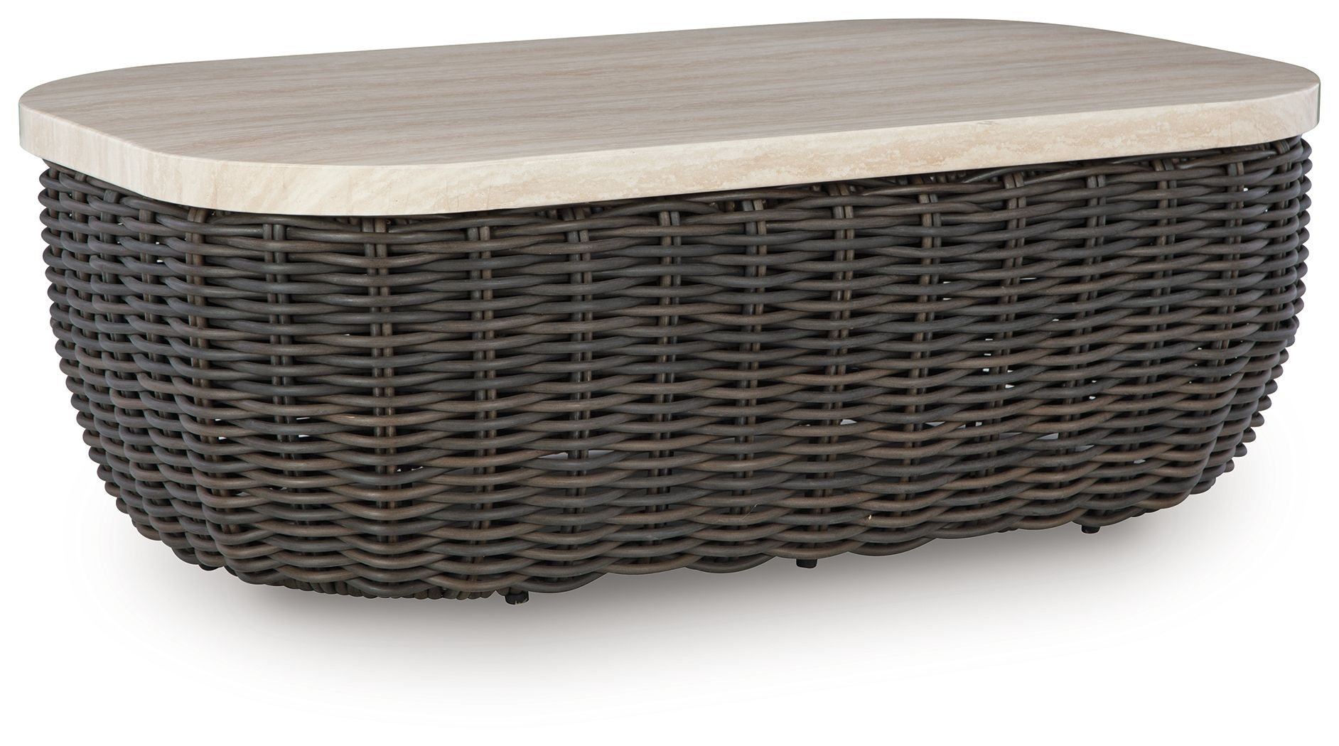 Beige rectangular cocktail table with dark brown wicker base and flat top