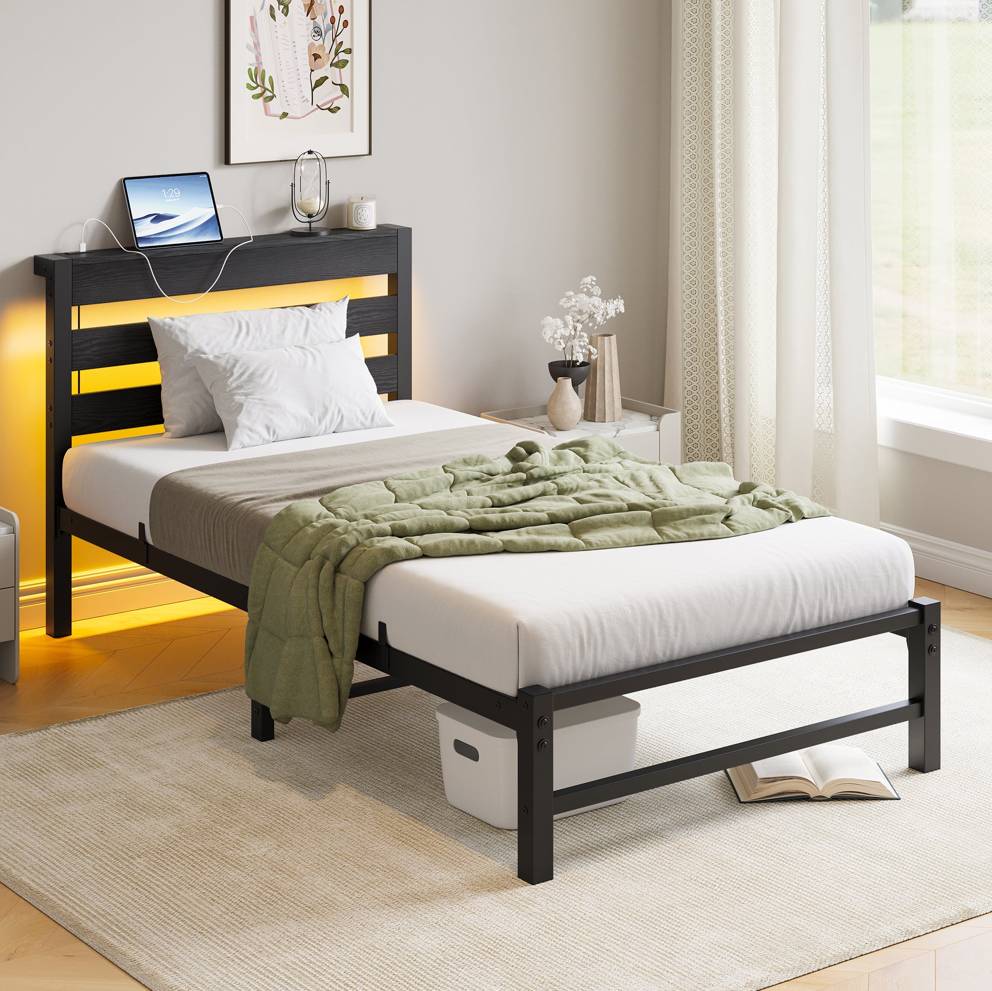 Twin Heavy Duty Platform Bed Frame: Headboard, USB, LED, No Box Spring