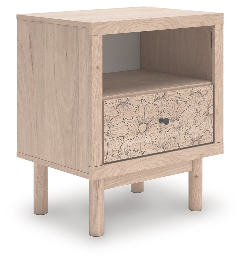 Tan wood one-drawer night stand with open shelf and floral drawer front, front view