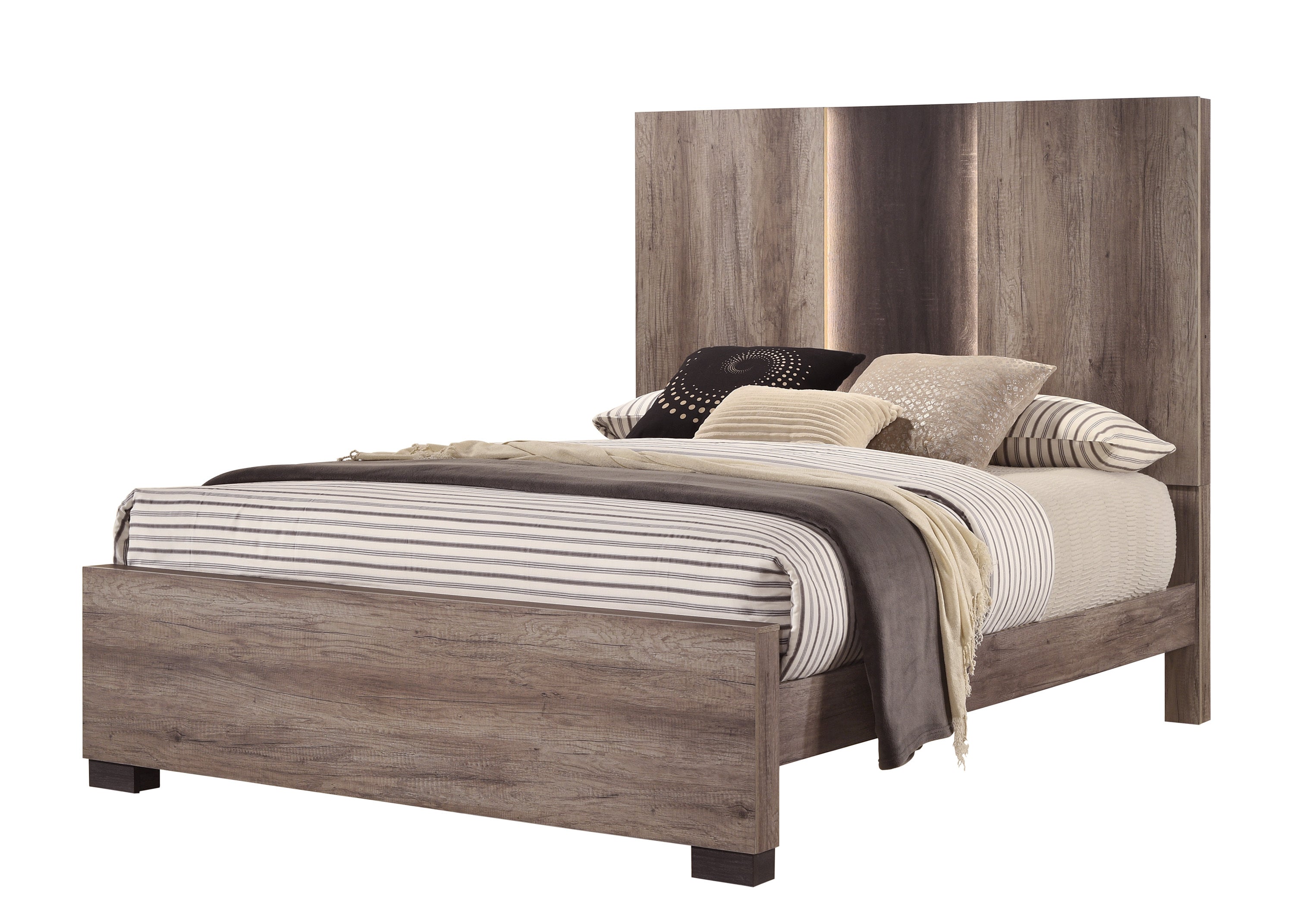 Contemporary King LED Headboard Bed Brown Wooden Bedroom Furniture